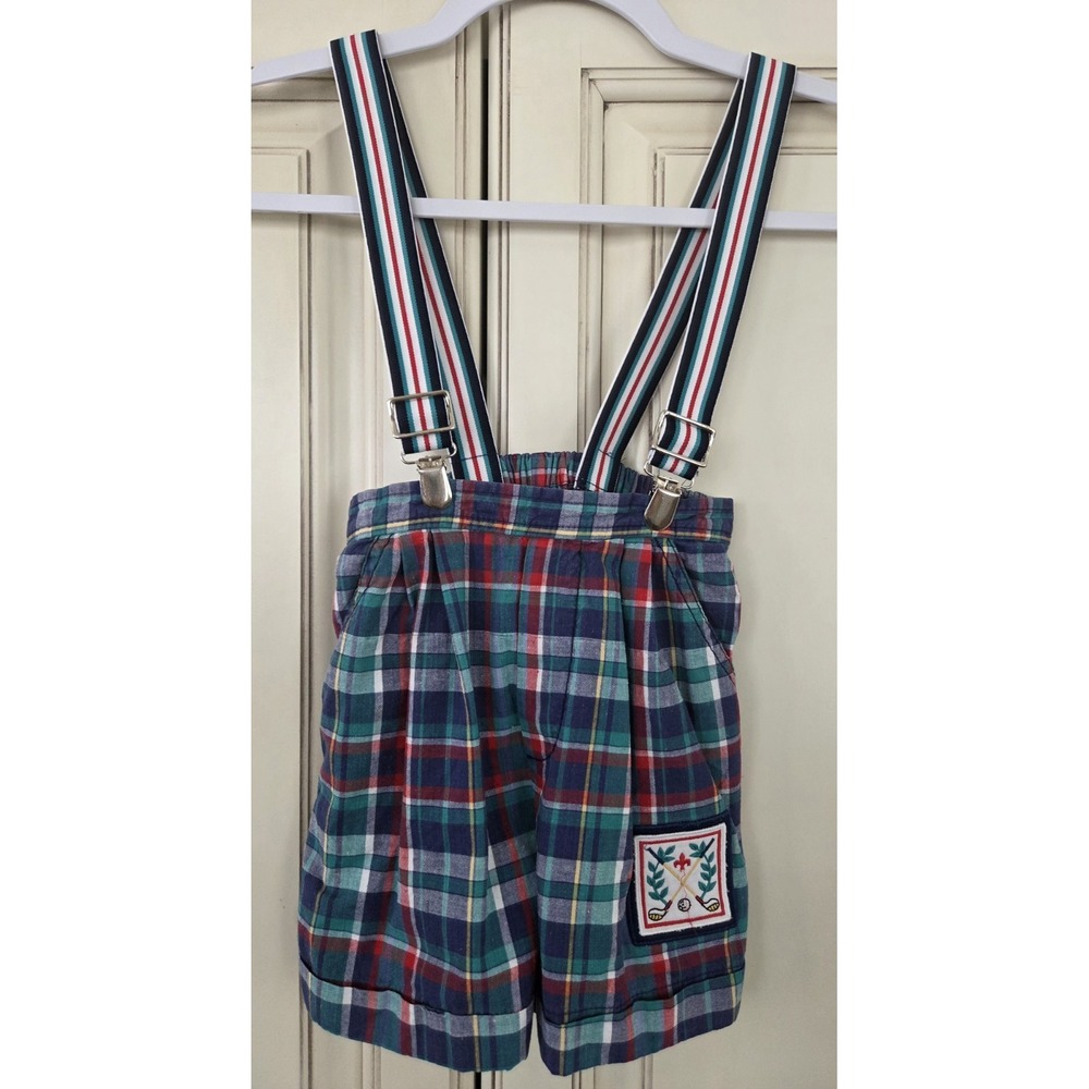 Boys Vtg Plaid Shorts With Suspenders Golf Easter 3 Toddler Blue Green Red